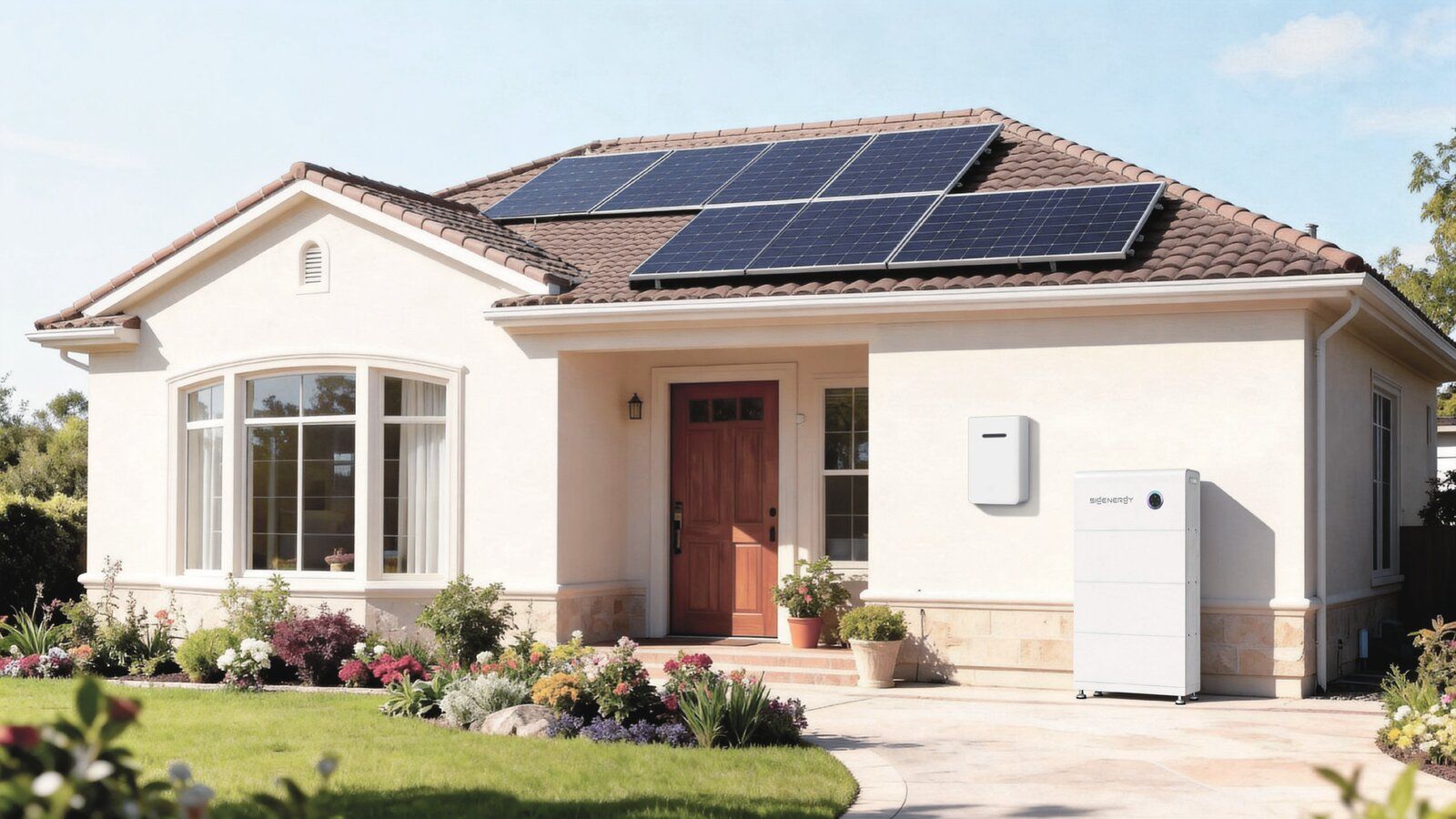 Villa med solpaneler och ett SigenStor Neo-system utomhus vid husväggen